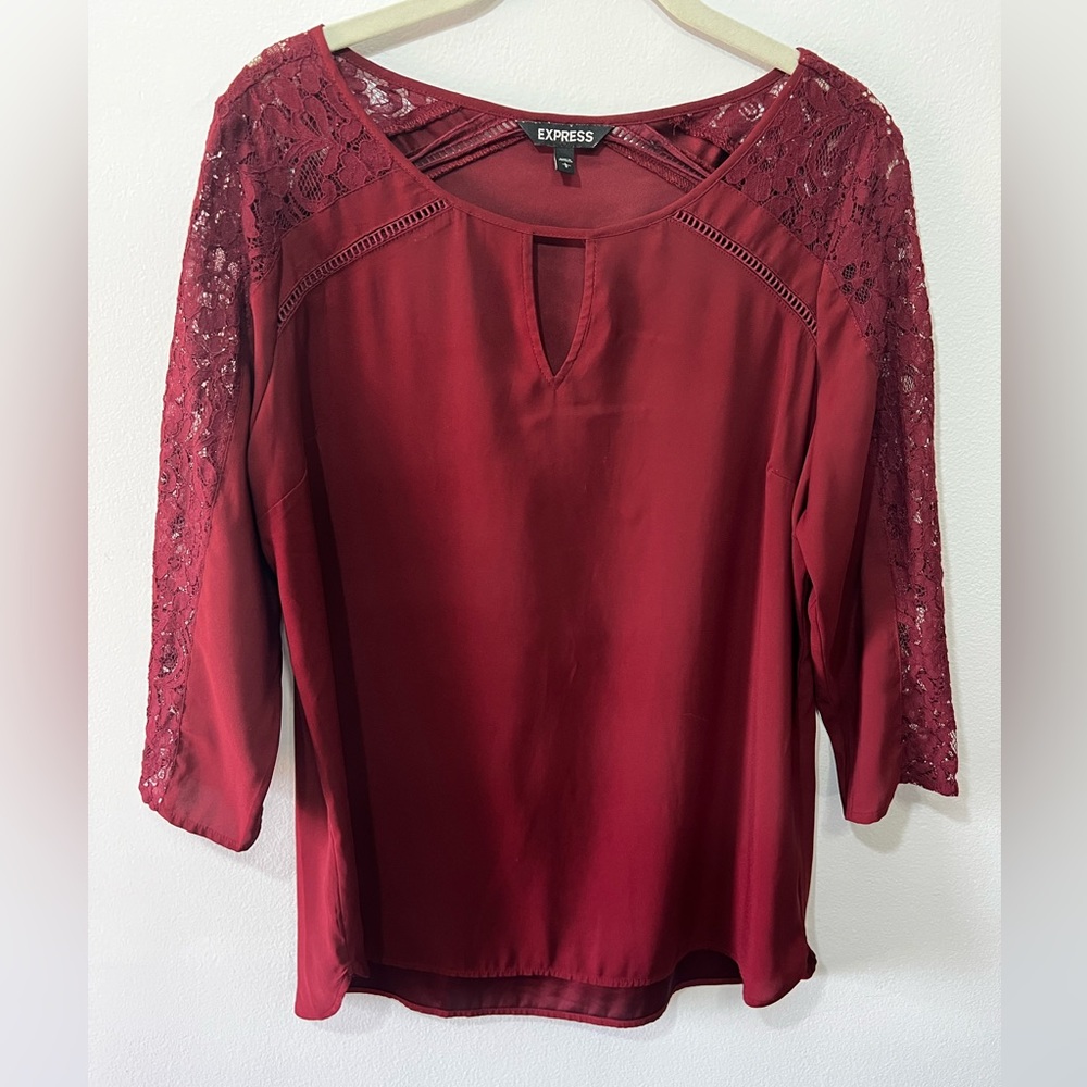 Express, maroon quarter sleeve lace blouse, L